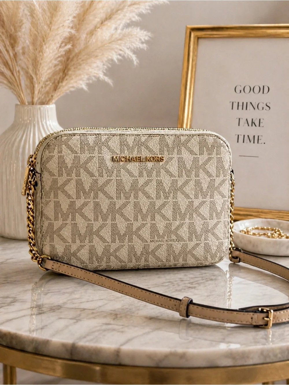 Michael Kors Jet Set Crossbody Bag Beige MK Logo Small Chain Strap